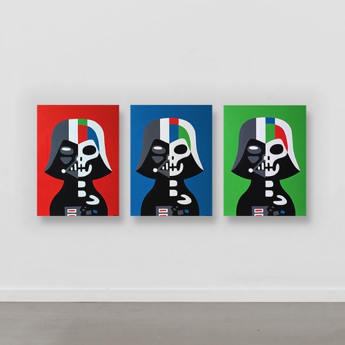 Three pop portraits of Darth Vader on different colors